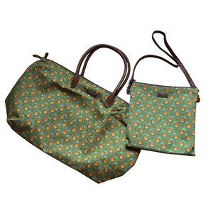 Longaberger Green Floral Weekender Travel Bag Crossbody Purse Set Faux Leather